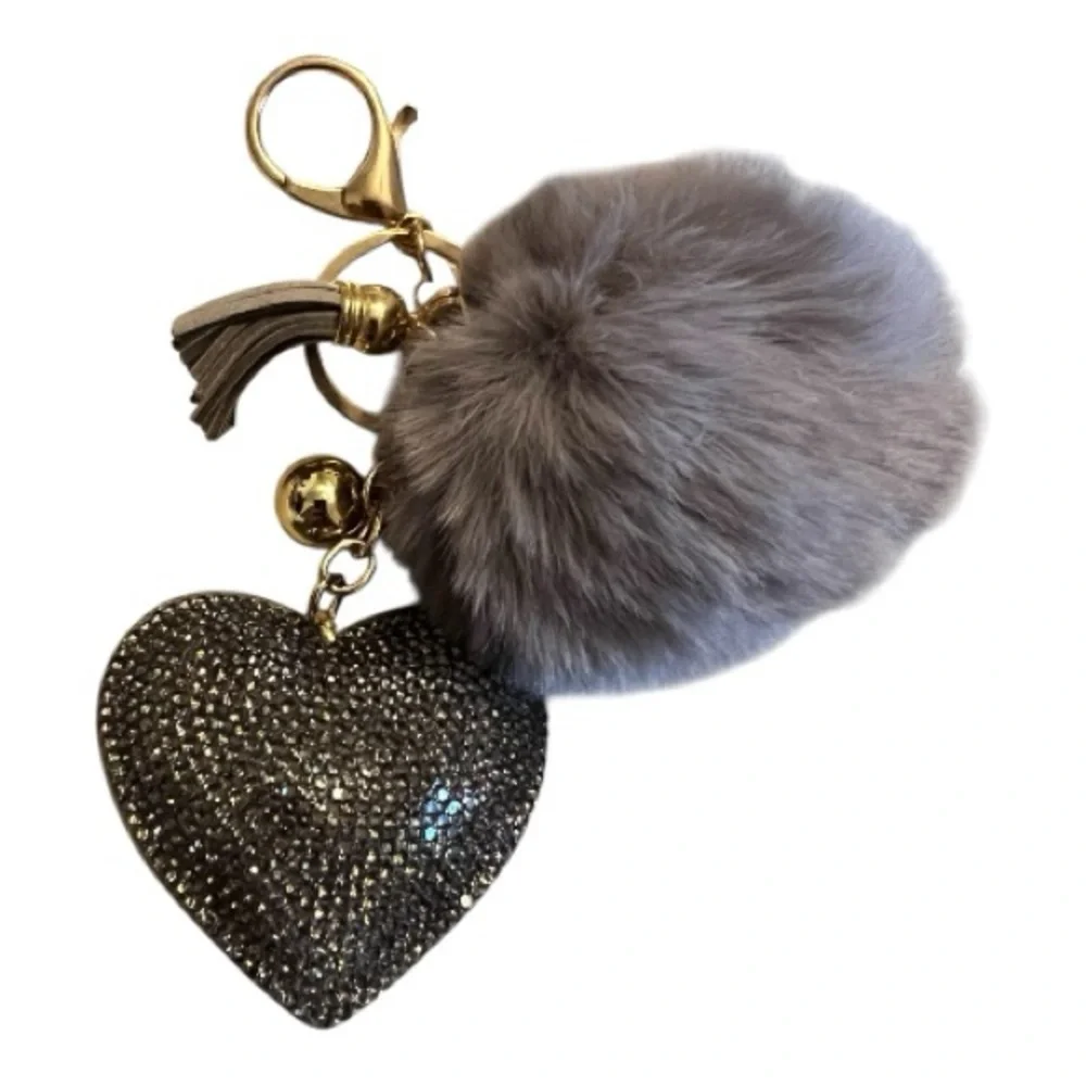 Bag Charm Grey Key Charm Plush Rhinestone Decorated Heart Shaped & Pom Pom